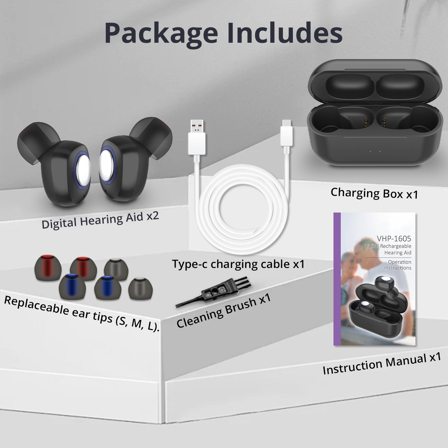 HIBRIQ VHP-1605 8-Channel Dual Charging Hearing Aids, Intelligent Noise Reduction Hearing Amplifiers, Adjustable Volume Sound Devices for Adults, Includes Portable Charging Case, Black