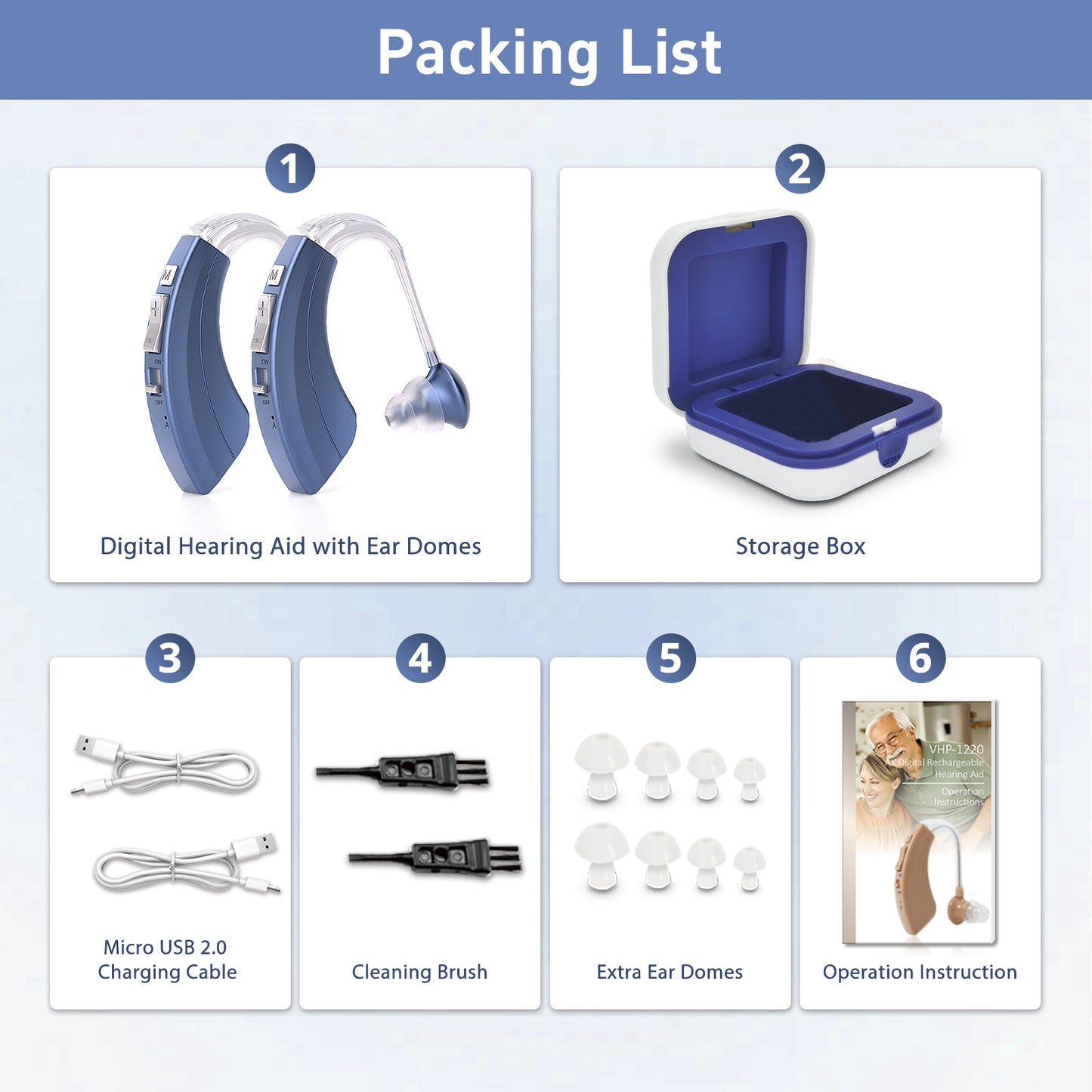 HIBRIQ VHP-1220AX Digital Hearing Aids for Adults, USB Rechargeable Sound Amplifiers with Adjustable Volume & Modes, Intelligent Noise Reduction Sound Devices, Blue, Binaural