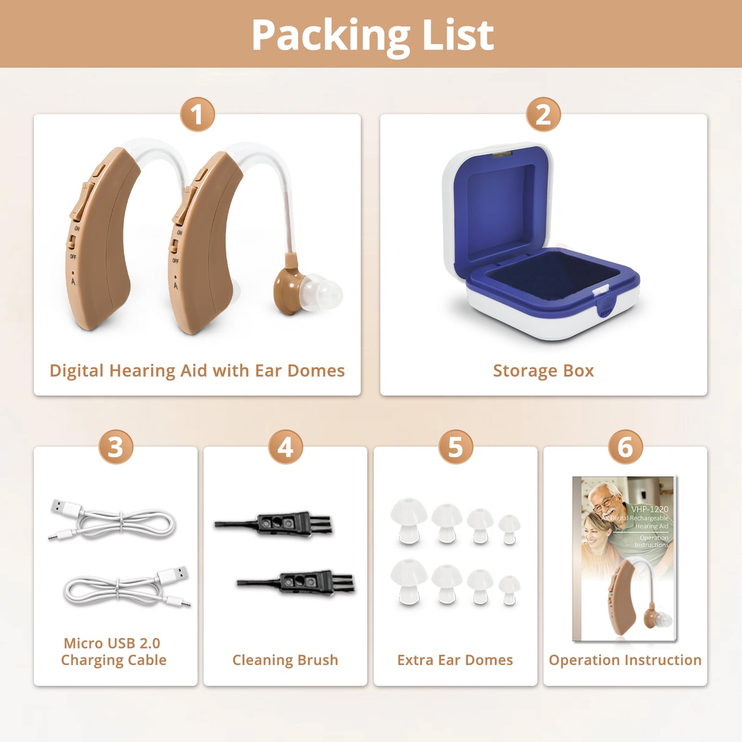 HIBRIQ VHP-1220AX Digital Hearing Aids for Adults, USB Rechargeable Sound Amplifiers with Adjustable Volume & Modes, Intelligent Noise Reduction Sound Devices, Beige, Binaural