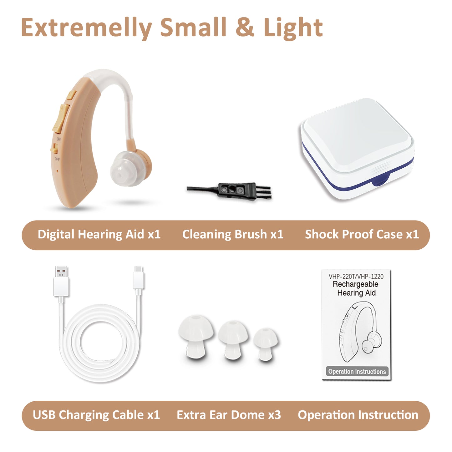 HIBRIQ VHP-1220 Single Hearing Aid for Adults, USB Rechargeable Sound Amplifier with Adjustable Volume & Modes, Intelligent Noise Reduction Sound Device, Beige