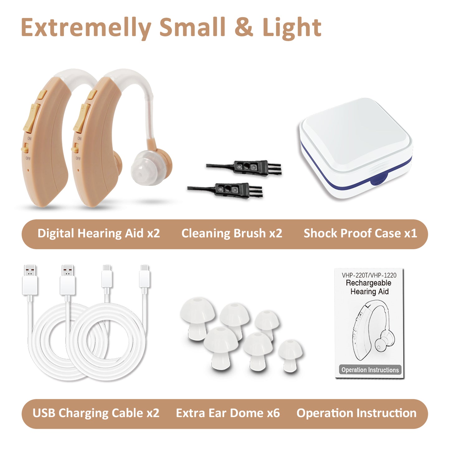 HIBRIQ VHP-1220 Binaural Hearing Aids for Adults, USB Rechargeable Sound Amplifiers with Adjustable Volume & Modes, Intelligent Noise Reduction Sound Devices, Beige