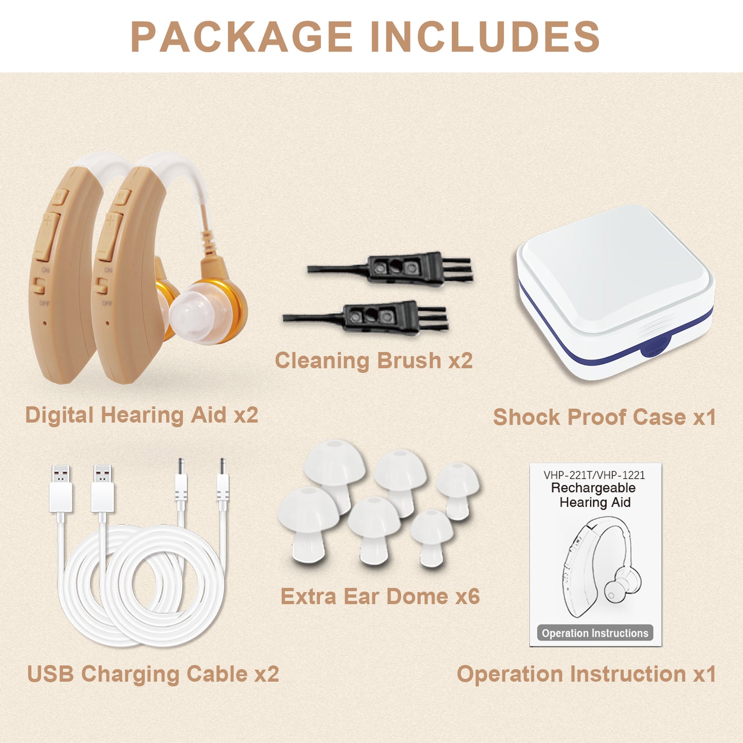 HIBRIQ VHP-1221 Binaural Hearing Aids, Intelligent Noise-Cancelling Sound Devices with Multi-Level Volume Control & Frequency Adjustment, Rechargeable Design, Beige
