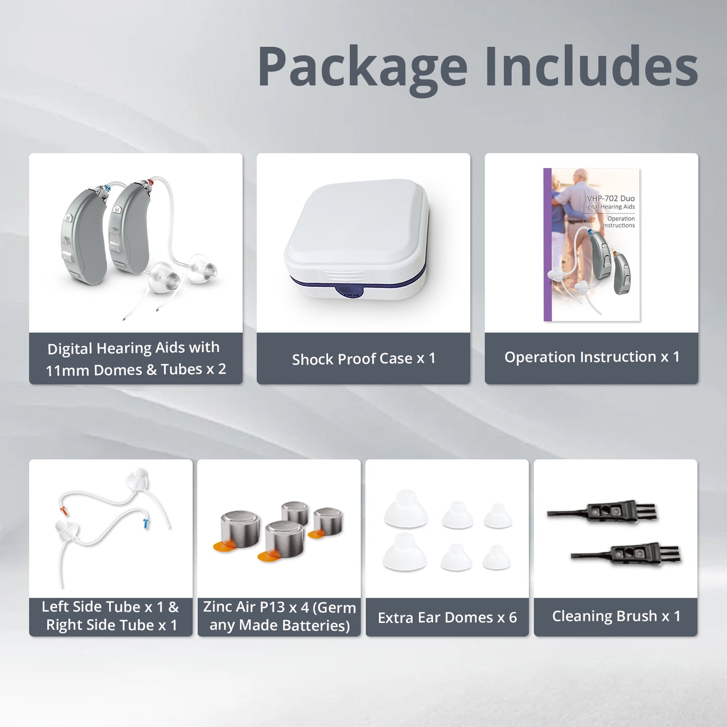 HIBRIQ VHP-702 Hearing Aids For Seniors, Adjustable Volume Control, Universal Fit In-Ear Design, Binaural, Gray.