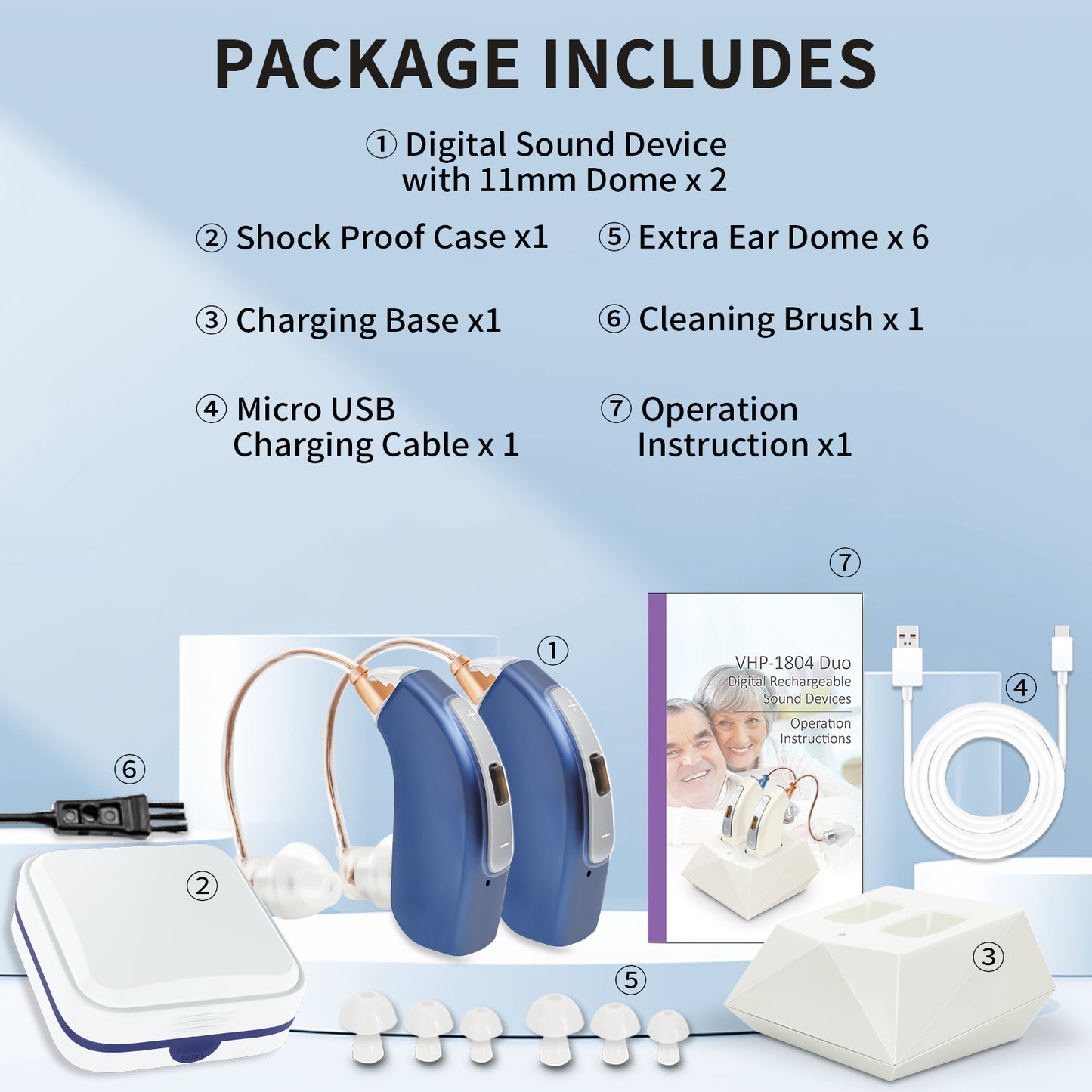 HIBRIQ VHP-1804 Hearing Aids, 32-Channel 4-Mode Sound Devices with Noise-Cancelling, Adjustable Volume Hearing Amplifiers for Seniors, Portable Charging Case Included, Blue
