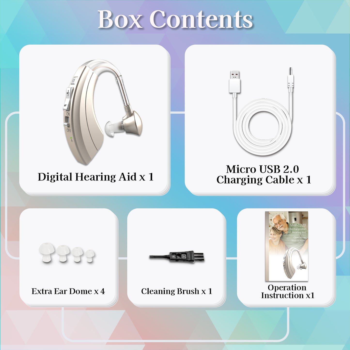 HIBRIQ VHP-1220AX Digital Hearing Aid for Adults, USB Rechargeable Sound Amplifier with Adjustable Volume & Modes, Intelligent Noise Reduction Sound Device, Gold, Single