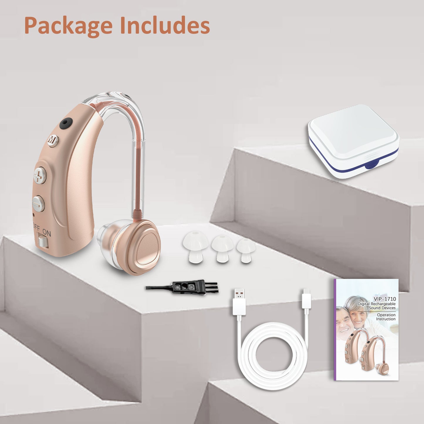 HIBRIQ VHP-1710 Single Hearing Aid, 16-Channel Rechargeable Sound Device with Intelligent Noise Reduction, Adjustable 4 Modes & 8 Volume Levels, Beige