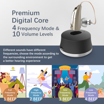 HIBRIQ VHP-1924 Hearing Aid, Rechargeable Hearing Amplifier with Charging Dock, Adjustable Frequency and Volume Control, Noise-Cancelling Sound Device, Single (Golden)