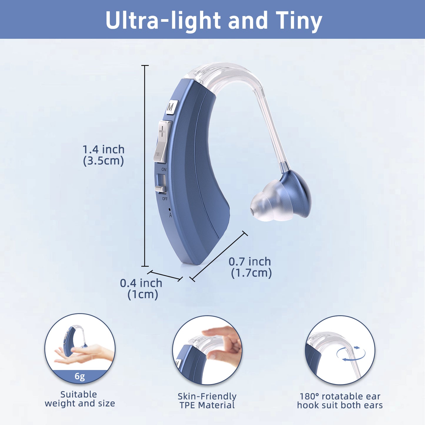 HIBRIQ VHP-1220AX Digital Hearing Aid for Adults, USB Rechargeable Sound Amplifier with Adjustable Volume & Modes, Intelligent Noise Reduction Sound Device, Blue, Single