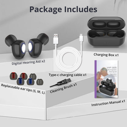 HIBRIQ VHP-1605 8-Channel Dual Charging Hearing Aids, Intelligent Noise Reduction Hearing Amplifiers, Adjustable Volume Sound Devices for Adults, Includes Portable Charging Case, Black