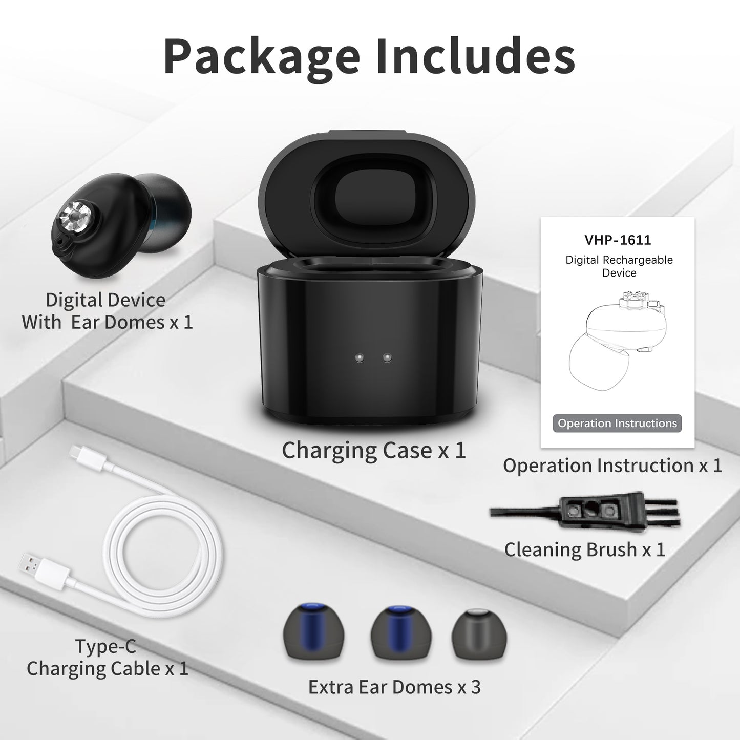 HIBRIQ VHP-1611 Hearing Aid, Daily Life Hearing Amplifier with Intelligent Noise Reduction, Adjustable Volume Sound Device, Includes Portable Charging Case, Black
