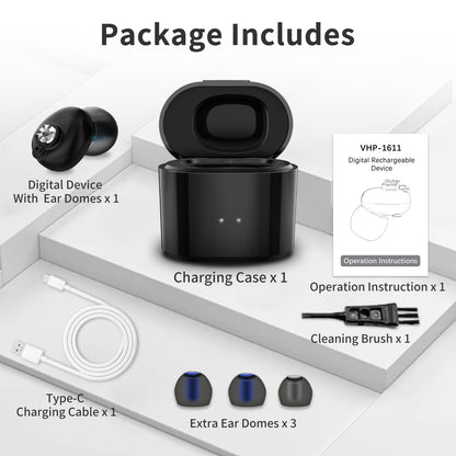 HIBRIQ VHP-1611 Hearing Aid, Daily Life Hearing Amplifier with Intelligent Noise Reduction, Adjustable Volume Sound Device, Includes Portable Charging Case, Black