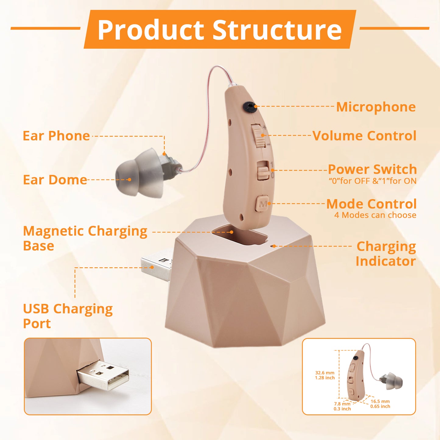 HIBRIQ VHP-1504 Hearing Aid for Seniors, Rechargeable Advanced Noise-Cancelling Hearing Amplifier with Volume Control, Crystal-Clear Sound, Long-Lasting Battery Life, Easy Charging with Dock, Single, Beige