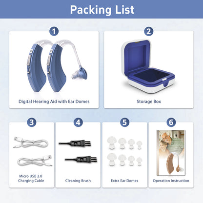HIBRIQ VHP-1220AX Digital Hearing Aids for Adults, USB Rechargeable Sound Amplifiers with Adjustable Volume & Modes, Intelligent Noise Reduction Sound Devices, Blue, Binaural