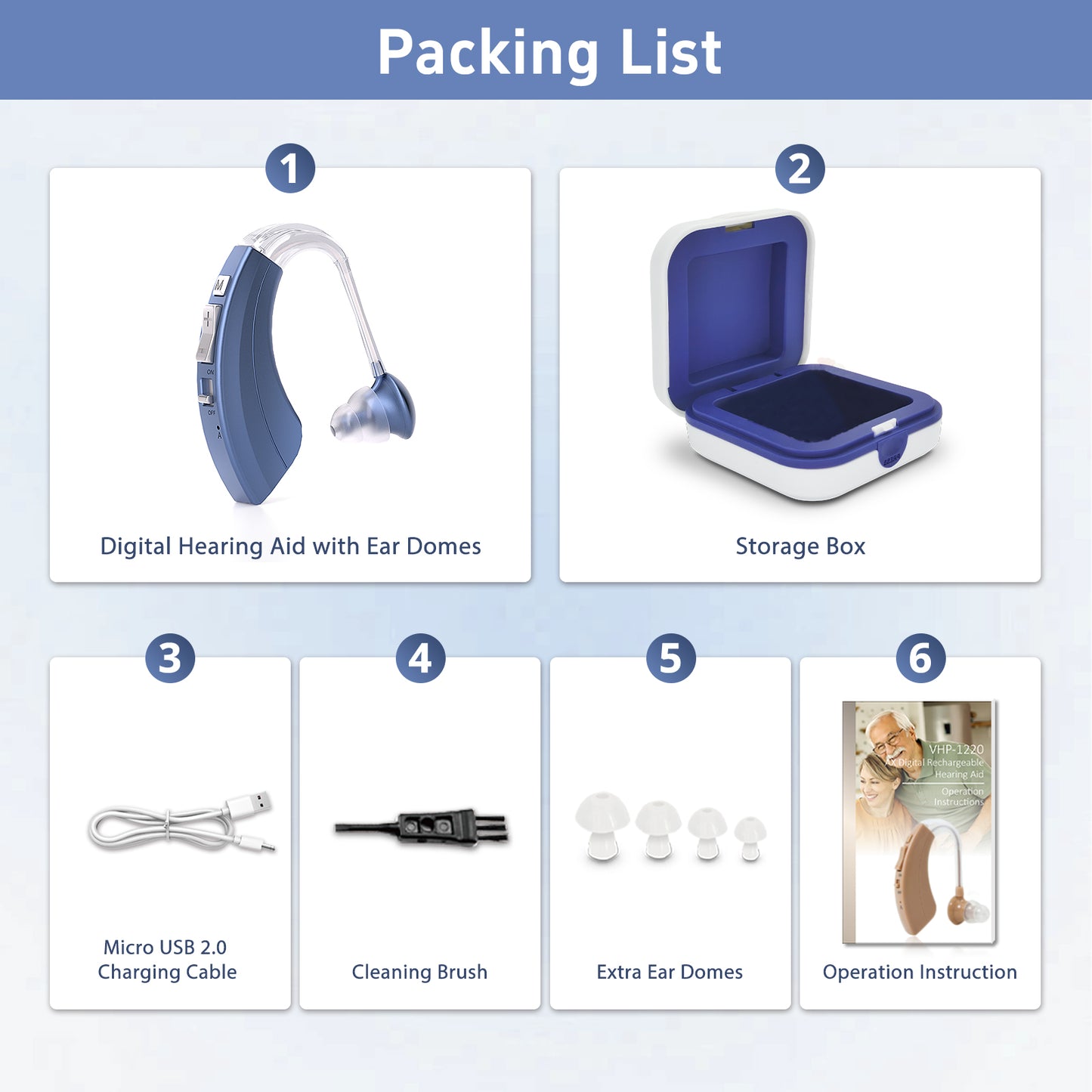 HIBRIQ VHP-1220AX Digital Hearing Aid for Adults, USB Rechargeable Sound Amplifier with Adjustable Volume & Modes, Intelligent Noise Reduction Sound Device, Blue, Single