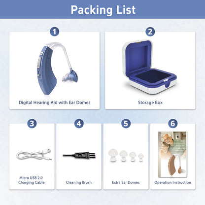 HIBRIQ VHP-1220AX Digital Hearing Aid for Adults, USB Rechargeable Sound Amplifier with Adjustable Volume & Modes, Intelligent Noise Reduction Sound Device, Blue, Single