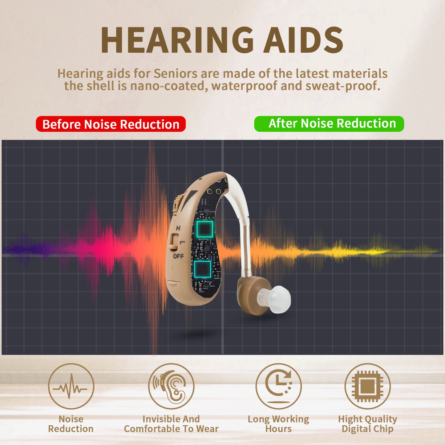 HIBRIQ HAP-20T Hearing Aids for Adults, Hearing Amplifiers with Replaceable Battery, Binaural (Beige)