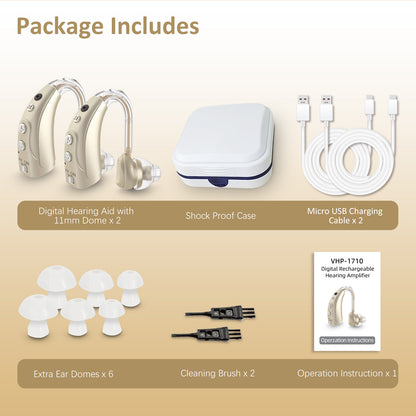 HIBRIQ VHP-1710 Binaural Hearing Aids, 16-Channel Rechargeable Sound Devices with Intelligent Noise Reduction, Adjustable 4 Modes & 8 Volume Levels, Golden