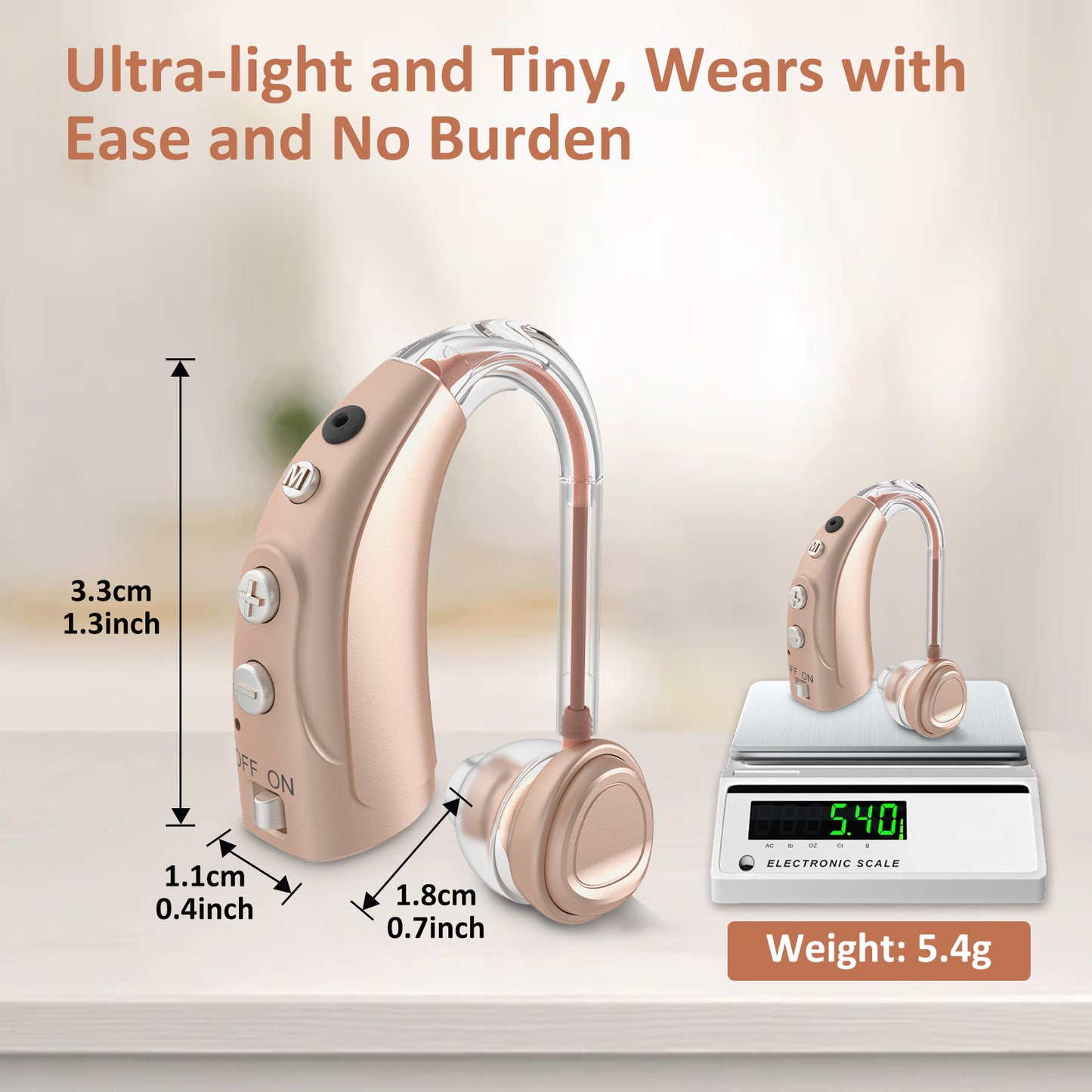 HIBRIQ VHP-1710 Single Hearing Aid, 16-Channel Rechargeable Sound Device with Intelligent Noise Reduction, Adjustable 4 Modes & 8 Volume Levels, Beige