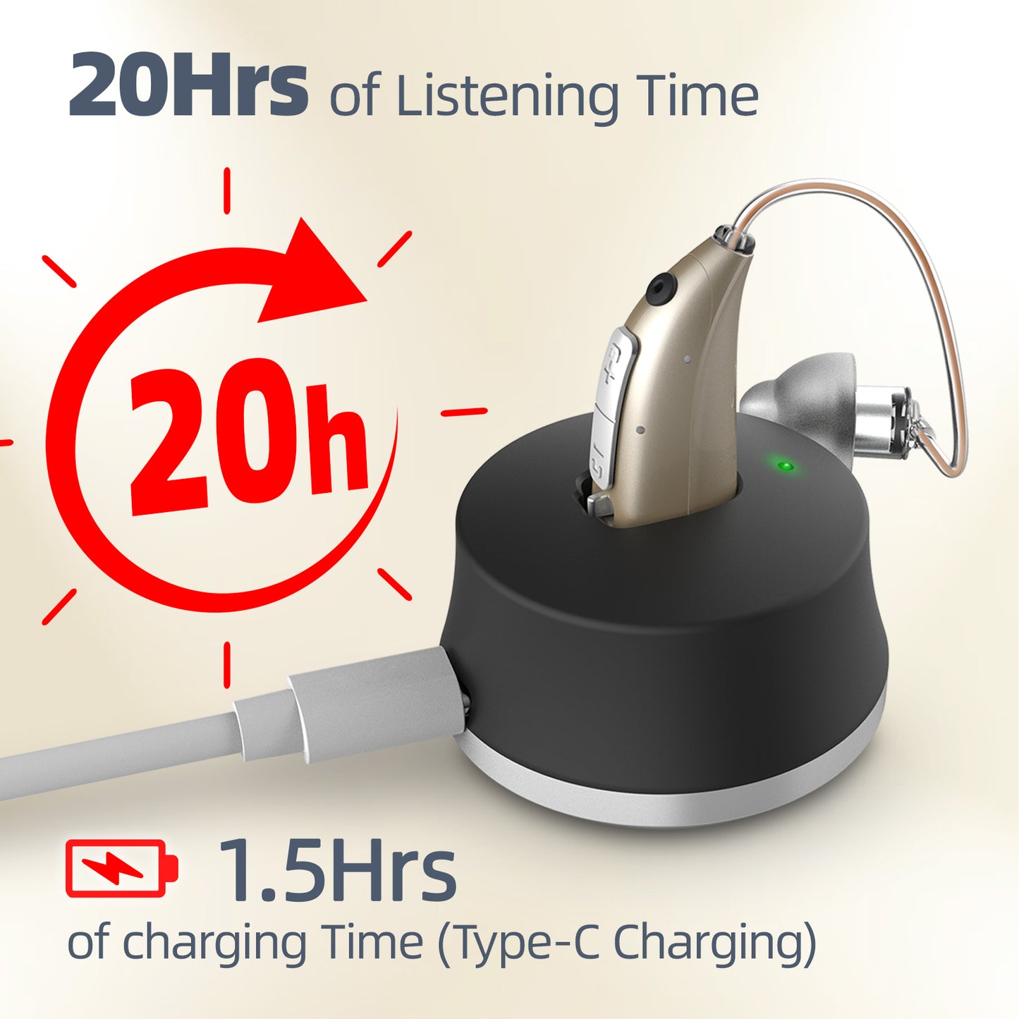 HIBRIQ VHP-1924 Hearing Aid, Rechargeable Hearing Amplifier with Charging Dock, Adjustable Frequency and Volume Control, Noise-Cancelling Sound Device, Single (Golden)