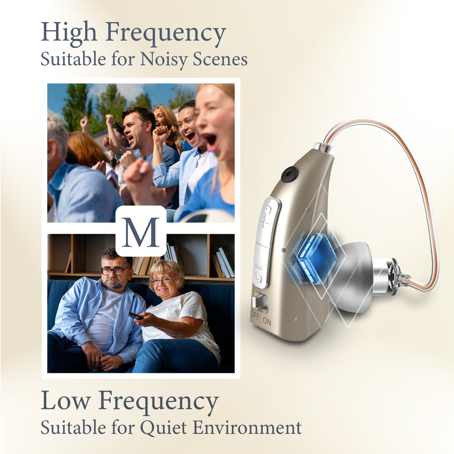 HIBRIQ VHP-1924 Hearing Aid, Rechargeable Hearing Amplifier with Charging Dock, Adjustable Frequency and Volume Control, Noise-Cancelling Sound Device, Single (Golden)