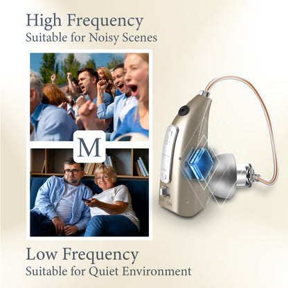HIBRIQ VHP-1924 Hearing Aid, Rechargeable Hearing Amplifier with Charging Dock, Adjustable Frequency and Volume Control, Noise-Cancelling Sound Device, Single (Golden)