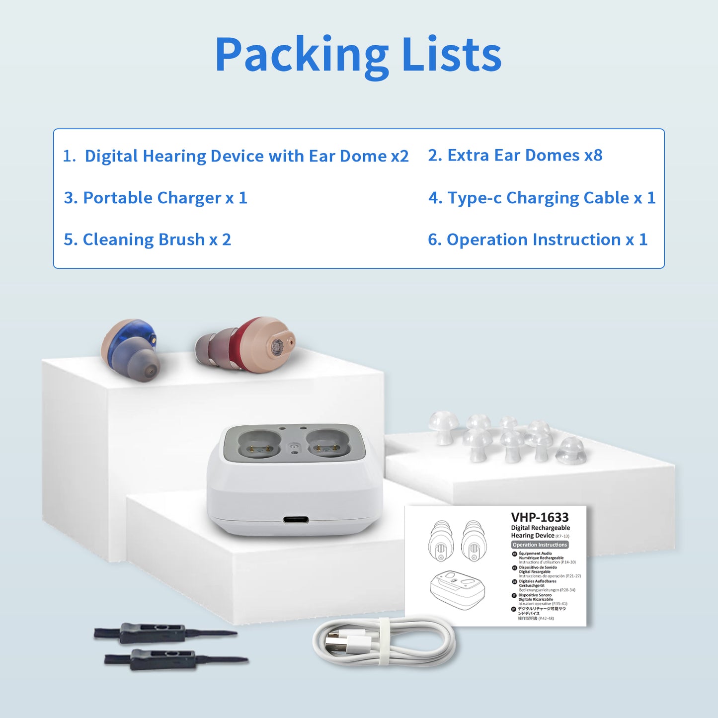 HIBRIQ VHP-1633 Hearing Aids, Rechargeable Hearing Amplifiers with Charging Dock, Binaural, 32-Channel True OTC Hearing Amplifier with Noise Cancellation, Comfortable Design, Beige