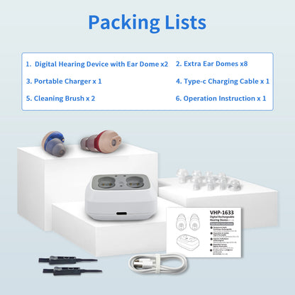HIBRIQ VHP-1633 Hearing Aids, Rechargeable Hearing Amplifiers with Charging Dock, Binaural, 32-Channel True OTC Hearing Amplifier with Noise Cancellation, Comfortable Design, Beige