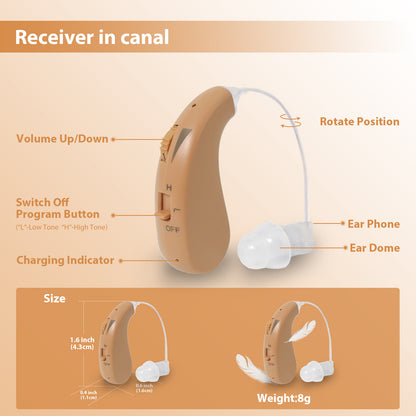 HIBRIQ VHP-1206 Binaural Rechargeable Hearing Aids, Adjustable Volume Sound Amplifiers to Improve Adult Auditory Experience, Beige.