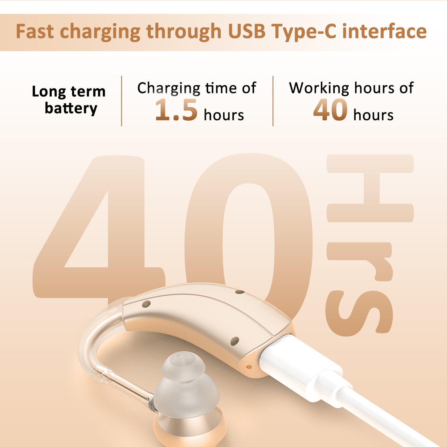 HIBRIQ VHP-1303 Hearing Aid for Adults: 2 Frequency Modes, Rechargeable Hearing Amplifier, Noise-Cancelling Sound Device with Adjustable Volume Controls, Single, Beige