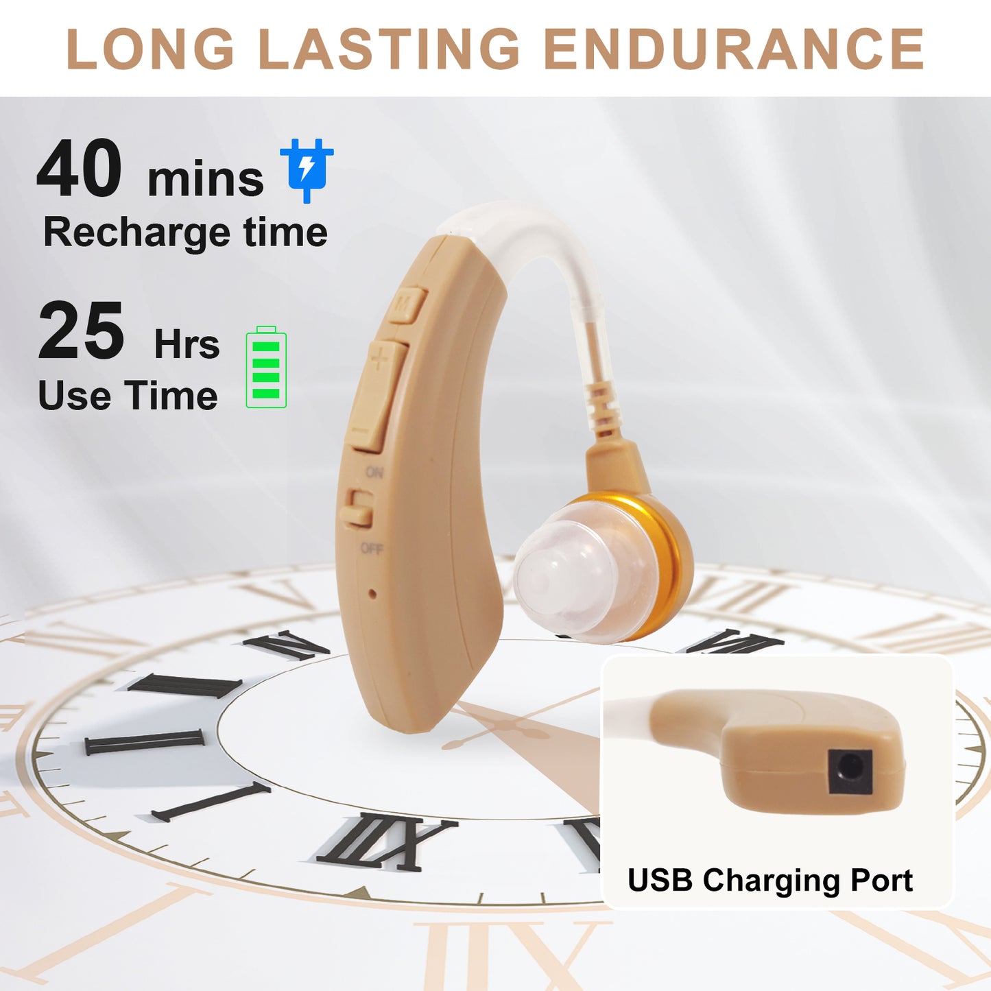 HIBRIQ VHP-1221 Binaural Hearing Aids, Intelligent Noise-Cancelling Sound Devices with Multi-Level Volume Control & Frequency Adjustment, Rechargeable Design, Beige