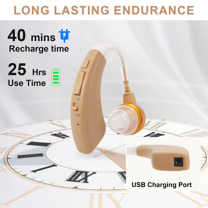 HIBRIQ VHP-1221 Single Hearing Aid, Intelligent Noise-Cancelling Sound Device with Multi-Level Volume Control & Frequency Adjustment, Rechargeable Design, Beige