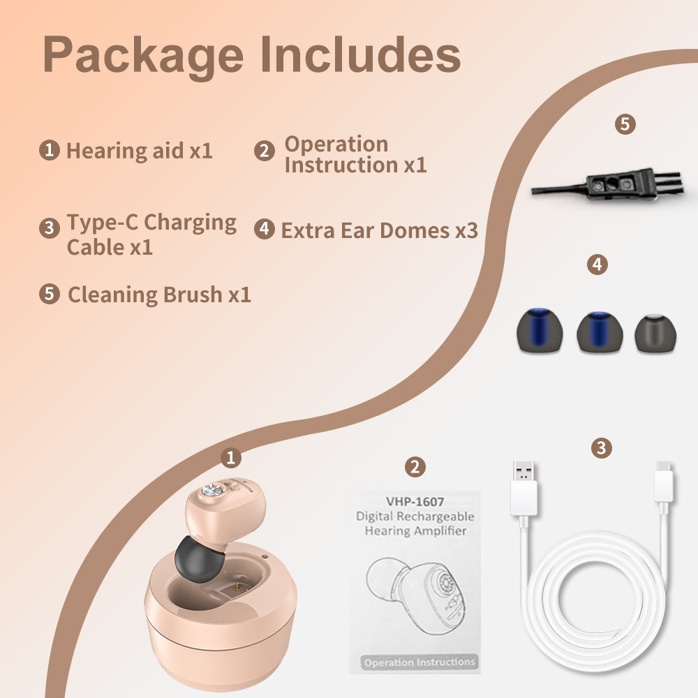HIBRIQ VHP-1607 Hearing Aids, Rechargeable Hearing Amplifiers with Portable Charging Case, Single (Beige)
