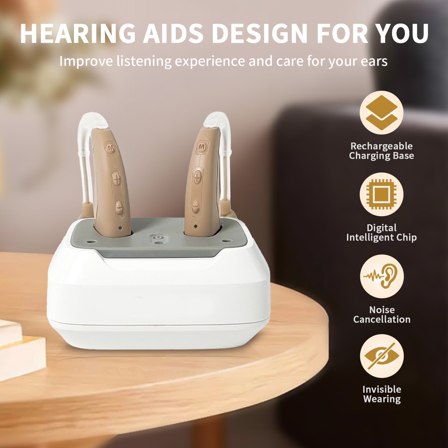HIBRIQ VHP-1021 Rechargeable Hearing Aids, Hearing Device with 2 modes, Control with Button, Adjustable Volume Hearing Amplifiers for Adults, Portable Charging Cases Included. Beige.