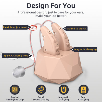 HIBRIQ VHP-1504 Hearing Aids for Seniors, Rechargeable Advanced Noise-Cancelling Hearing Amplifiers with Volume Control, Crystal-Clear Sound, Long-Lasting Battery Life, Easy Charging with Dock, Binaural, Beige