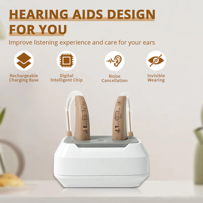 HIBRIQ VHP-1011 Rechargeable Hearing Aids, Control with Slide, Hearing Amplifiers for Adults with Adjustable Volume, Including a Portable Charging Dock, Beige.