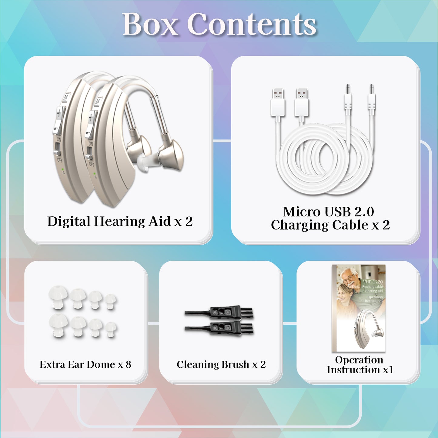 HIBRIQ VHP-1220AX Digital Hearing Aids for Adults, USB Rechargeable Sound Amplifiers with Adjustable Volume & Modes, Intelligent Noise Reduction Sound Devices, Gold, Binaural
