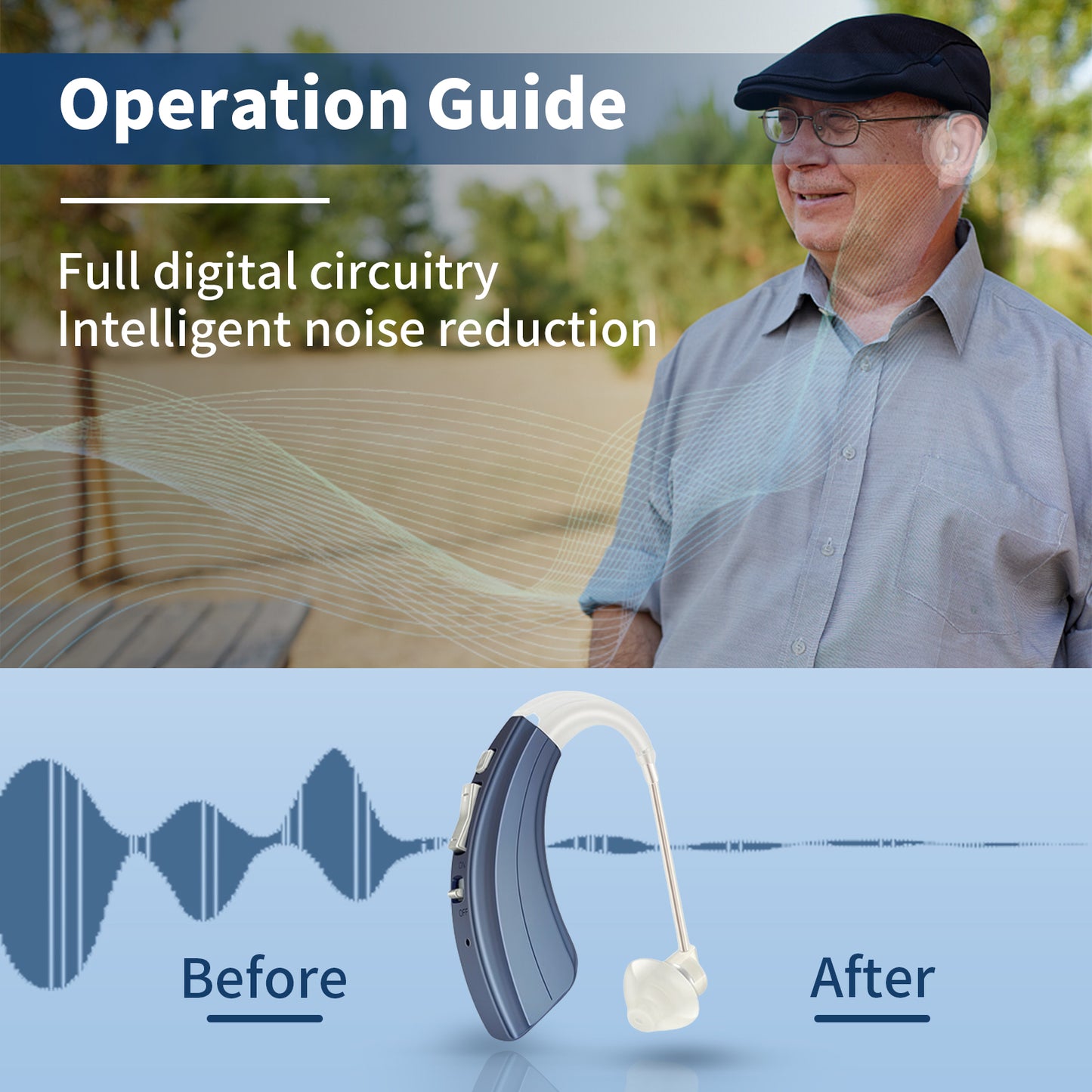 HIBRIQ VHP-1222 Advanced Hearing Aids for Adults, Rechargeable Hearing Amplifiers with Intelligent Noise Reduction, Adjustable Volume & Mode, Lightweight and Comfortable Design, Blue, Binaural