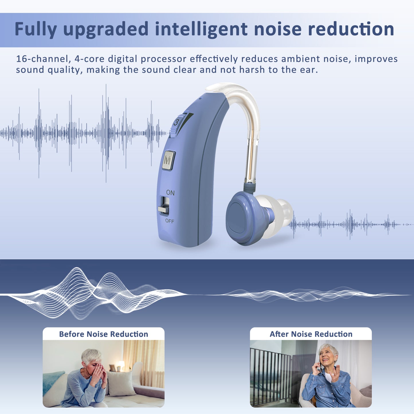 HIBRIQ VHP-1303 Hearing Aid for Adults: 2 Frequency Modes, Rechargeable Hearing Amplifier, Noise-Cancelling Sound Device with Adjustable Volume Controls, Single, Blue