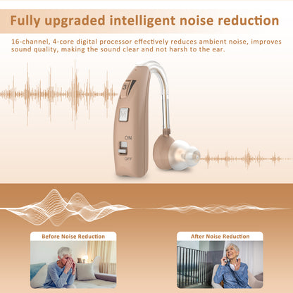 HIBRIQ VHP-1303 Hearing Aid for Adults: 2 Frequency Modes, Rechargeable Hearing Amplifier, Noise-Cancelling Sound Device with Adjustable Volume Controls, Single, Beige