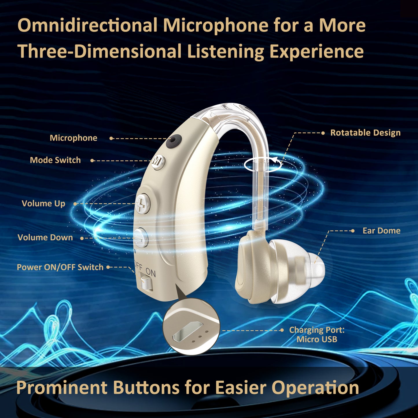 HIBRIQ VHP-1710 Single Hearing Aid, 16-Channel Rechargeable Sound Device with Intelligent Noise Reduction, Adjustable 4 Modes & 8 Volume Levels, Golden