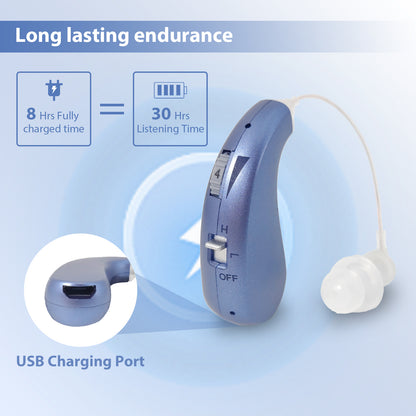 HIBRIQ VHP-1206 Binaural Rechargeable Hearing Aids, Adjustable Volume Sound Amplifiers to Improve Adult Auditory Experience, Blue.