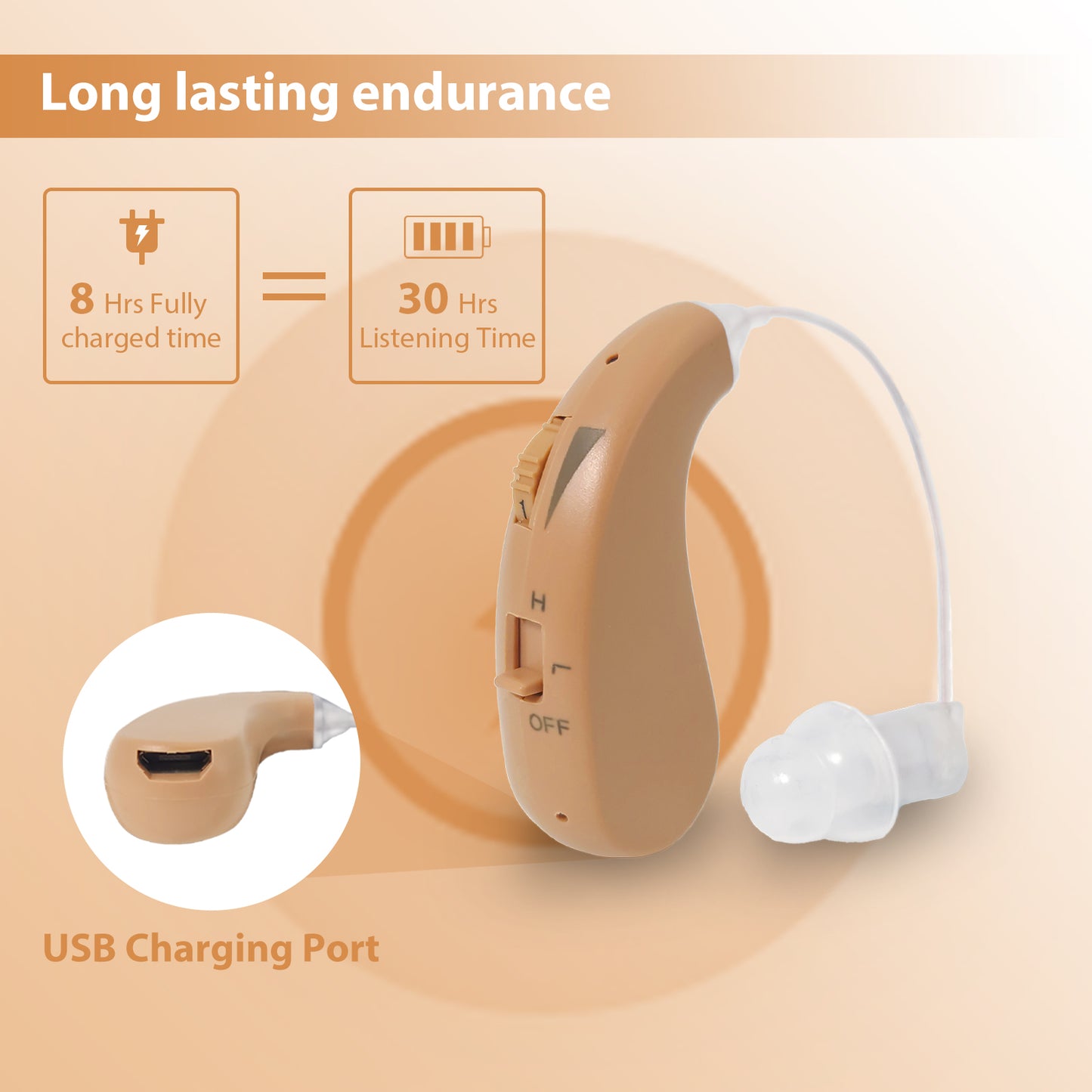 HIBRIQ VHP-1206 Binaural Rechargeable Hearing Aids, Adjustable Volume Sound Amplifiers to Improve Adult Auditory Experience, Beige.