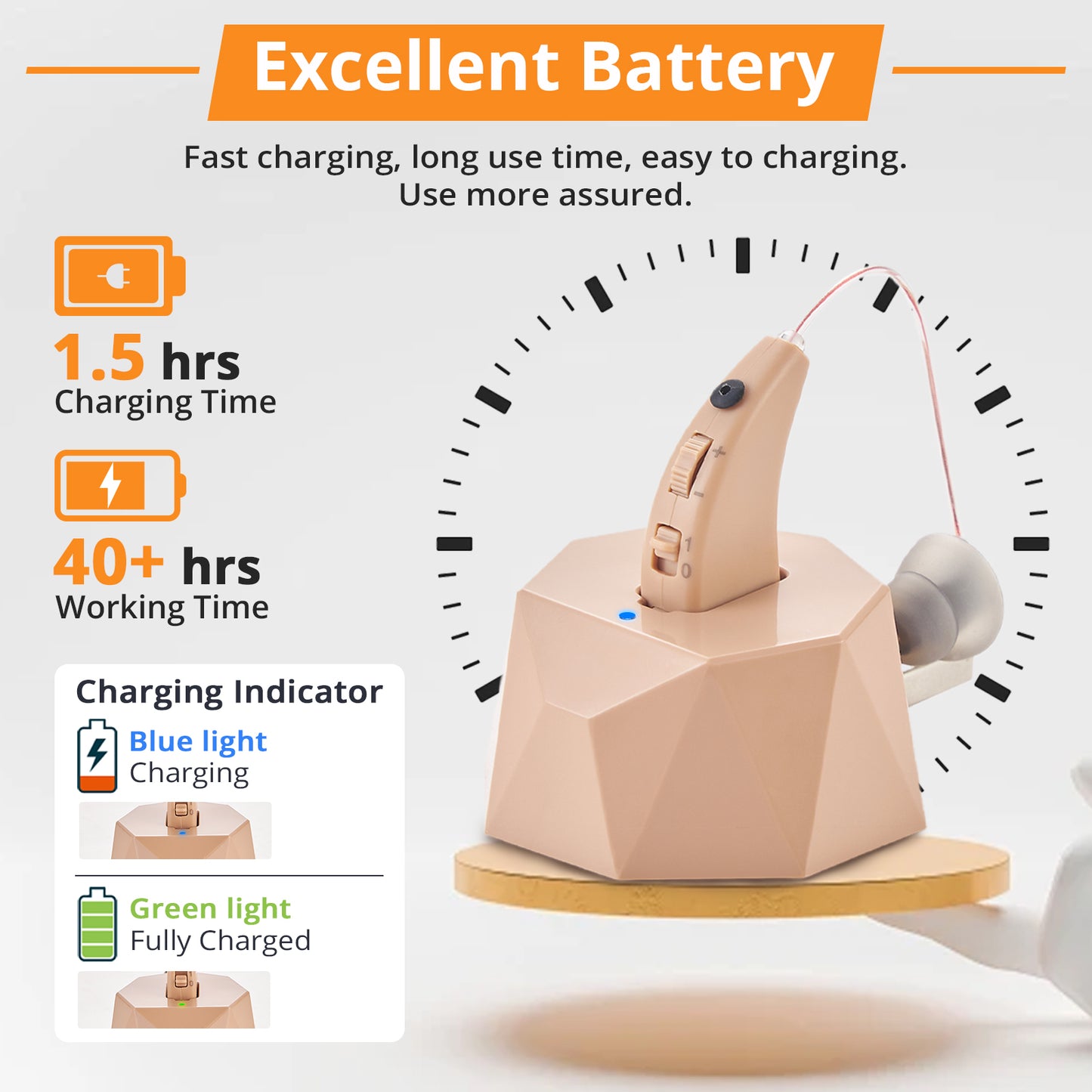 HIBRIQ VHP-1504 Hearing Aid for Seniors, Rechargeable Advanced Noise-Cancelling Hearing Amplifier with Volume Control, Crystal-Clear Sound, Long-Lasting Battery Life, Easy Charging with Dock, Single, Beige