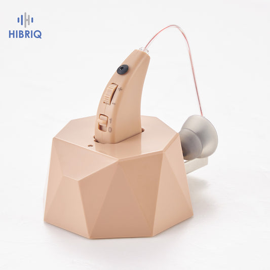 HIBRIQ VHP-1504 Hearing Aid for Seniors, Rechargeable Advanced Noise-Cancelling Hearing Amplifier with Volume Control, Crystal-Clear Sound, Long-Lasting Battery Life, Easy Charging with Dock, Single, Beige