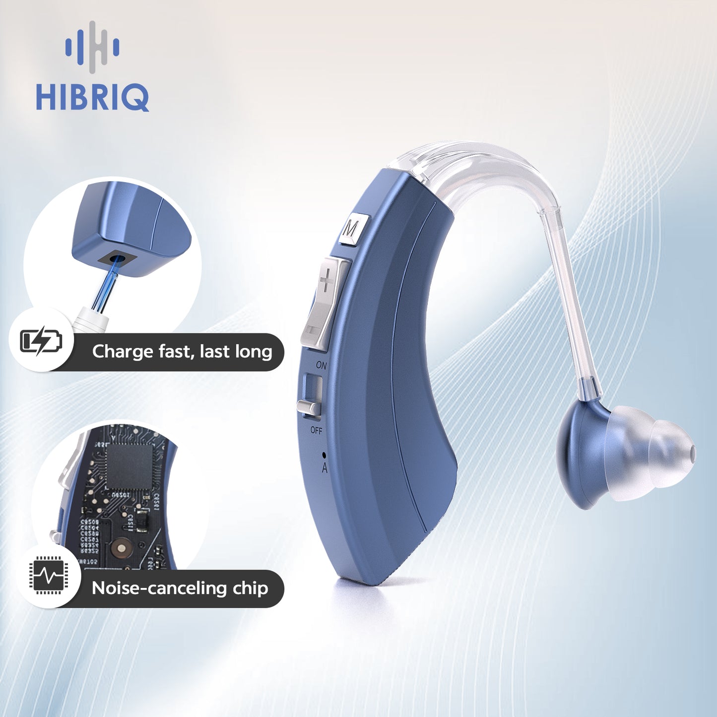 HIBRIQ VHP-1220AX Digital Hearing Aid for Adults, USB Rechargeable Sound Amplifier with Adjustable Volume & Modes, Intelligent Noise Reduction Sound Device, Blue, Single