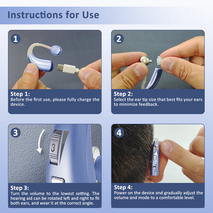 HIBRIQ VHP-1303 Hearing Aid for Adults: 2 Frequency Modes, Rechargeable Hearing Amplifier, Noise-Cancelling Sound Device with Adjustable Volume Controls, Single, Blue