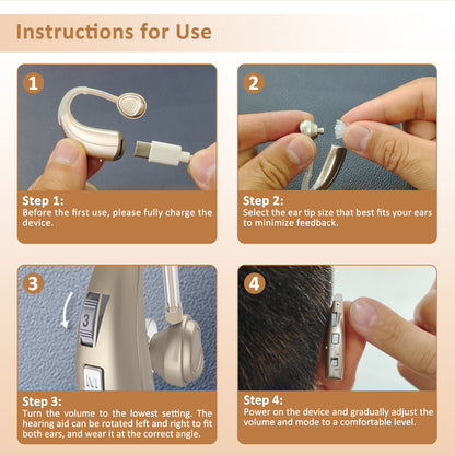 HIBRIQ VHP-1303 Hearing Aid for Adults: 2 Frequency Modes, Rechargeable Hearing Amplifier, Noise-Cancelling Sound Device with Adjustable Volume Controls, Single, Beige