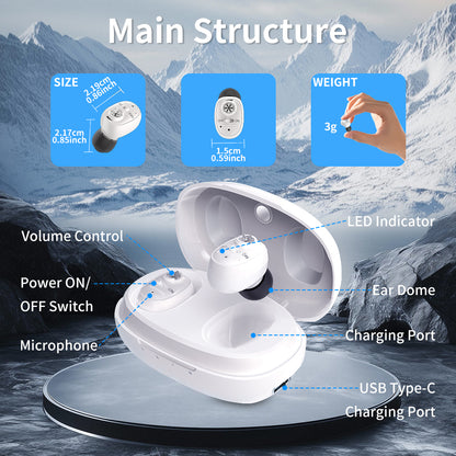 HIBRIQ VHP-1607 Hearing Aids, Rechargeable Hearing Amplifiers with Portable Charging Case, Binarual (White)