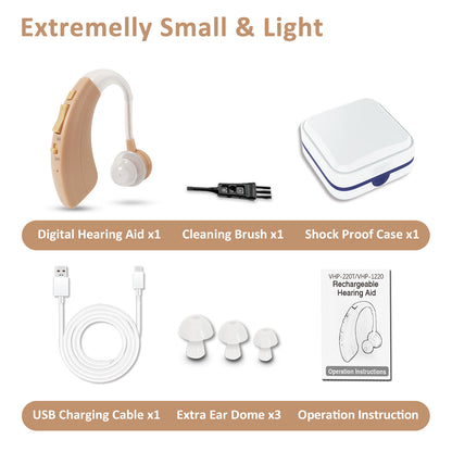 HIBRIQ VHP-1220 Single Hearing Aid for Adults, USB Rechargeable Sound Amplifier with Adjustable Volume & Modes, Intelligent Noise Reduction Sound Device, Beige