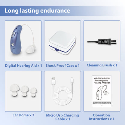 HIBRIQ VHP-1206 Single Rechargeable Hearing Aid, Adjustable Volume Sound Amplifier to Improve Adult Auditory Experience, Blue.